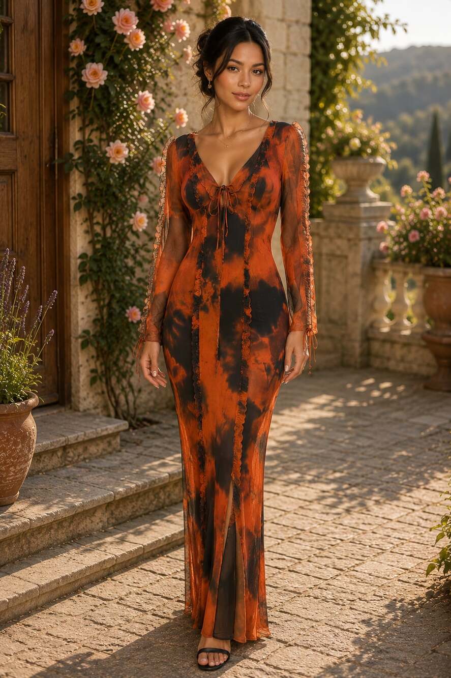 Fashion Nova Kendra Mesh Maxi Dress in Red/Combo